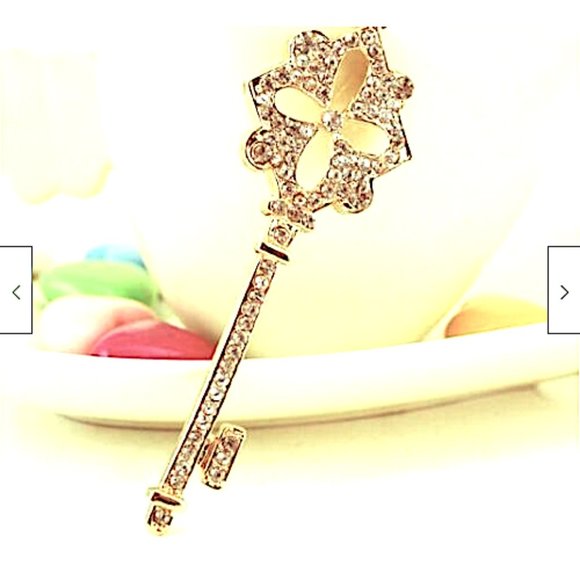 Beautiful Sparkly White Crystal Rhinestone KEY Pendant 24"-26" Goldtone Necklace - Picture 7 of 8